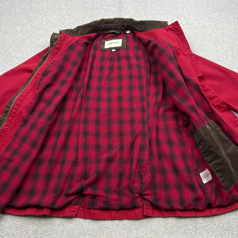 Orvis Barn Jacket Womens Small Red Canvas Plaid Lined Corduroy Collar Field Coat